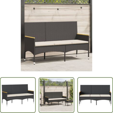 Panca da esterno -  Panca da Giardino a 3 Posti con Cuscini Nera in Polyrattan