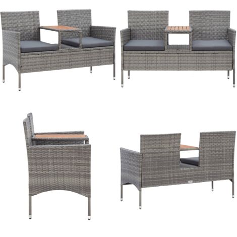 Panca da Giardino 2 Posti con Tavolino 143 cm Polyrattan Grigio - Tavolino da tè - Rattan