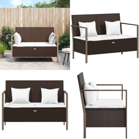 Panca da Giardino a 2 Posti con Cuscini in Polyrattan Marrone - Seduta da esterno - Cuscini per panca