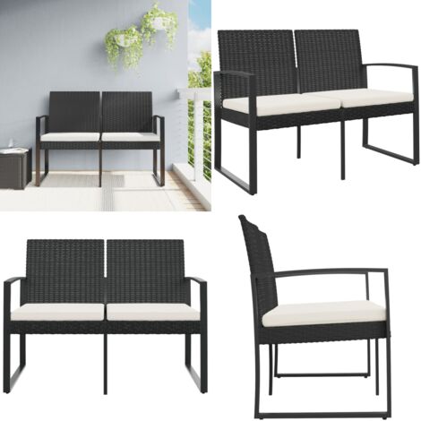 Panca da Giardino a 2 Posti con Cuscini in Rattan PP Nero - Seduta esterna - Panca da terrazza