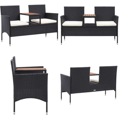 Panca da Giardino a 2 Posti con Tavolino 143 cm Polyrattan Nero - Tavolino da tè - Rattan