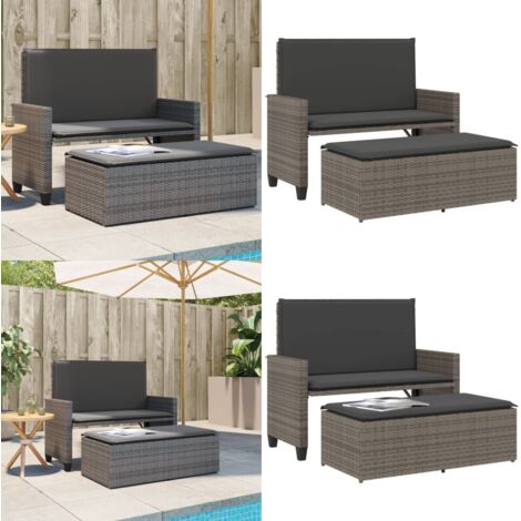 Panca da Giardino con Cuscini e Poggiapiedi Grigia Polyrattan - Divano letto - Rattan PE