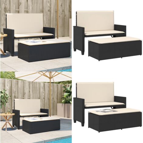 Panca da Giardino con Cuscini e Poggiapiedi Nera in Polyrattan - Divano letto - Rattan