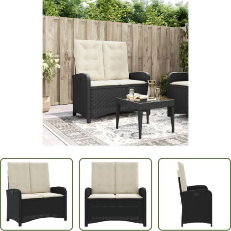 Panca da giardino con cuscini -  Panca Reclinabile da Giardino con Cuscini Nera in Polyrattan