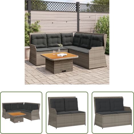 Panca da giardino reclinabile -  Set Divani da Giardino 4 pz con Cuscini in Polyrattan Grigio