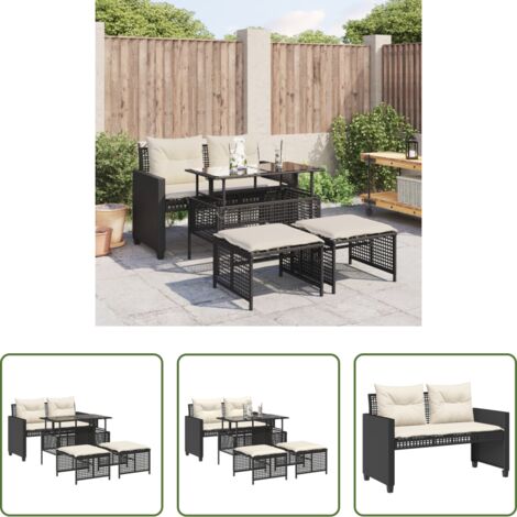 Panca da giardino -  Set Divani da Giardino 4 pz con Cuscini Nero Polyrattan Vetro