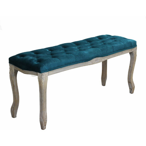 Panca da interno soggiorno salotto con struttura in legno sbiancato e seduta in velluto imbottito effetto vintage Soqi -  Blue