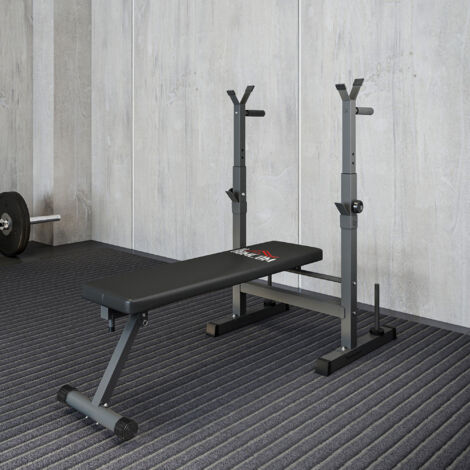 Panca da Palestra Pieghevole con Supporto per Bilanciere Regolabile in 8 Posizioni, Panca Pesi in Acciaio e PU per Palestra Casa, Portata 220 kg, 140x73x98-122 cm, Grigio