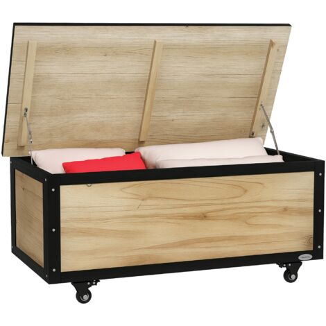 Panca de Rangement 121L avec 4 Roulettes et Poignées Bois Acier, Dimensions 100x50x43cm, Finition Teinte Naturelle