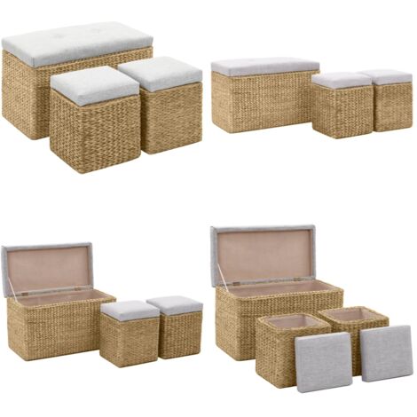 Panca e 2 Pouf in Giunco Grigio - Pouf in giunco - Arredamento rustico