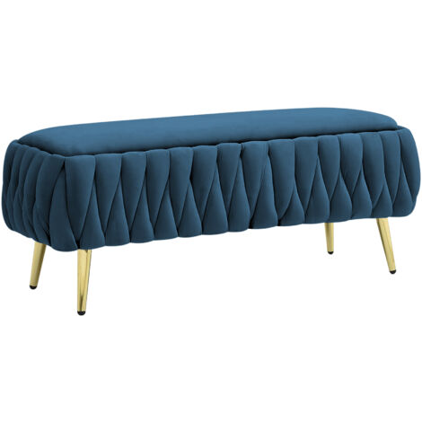 Panca Imbottita Divanetto In Velluto Contenitore Pouf Grande XXL PortaOggetti Intrecciato Panca Sgabello A Pie Di Letto Con Gambe In Metallo Dorato Cassapanca Ingresso Legno Massello Panchina - Blu
