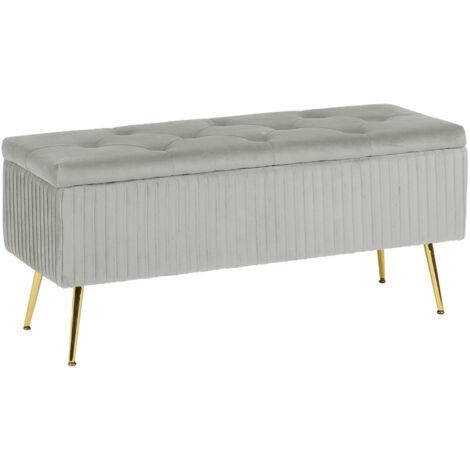 Panca Imbottita Divanetto In Velluto Contenitore Pouf Grande XXL PortaOggetti Panca Sgabello A Pie Di Letto Con Gambe In Metallo Dorato Cassapanca Ingresso Legno Massello Panchina - Grigio