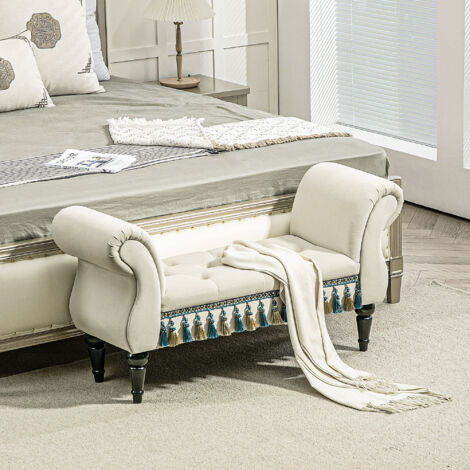 Panca imbottita per camera da letto con braccioli, design vintage effetto velluto, gambe in legno, portata 150 kg, 117x40x58 cm, beige