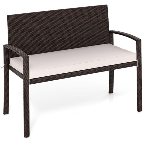 Panca in vimini per 2 persone con cuscino di seduta, sedia da esterno con schienale e braccioli, 110 x 56 x 84 cm, portata 360 kg, Beige