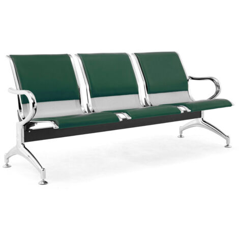 Panca per Sala Attesa 3 Posti da Ufficio con Cuscino in Acciaio e Similpelle Argento/Verde bosco