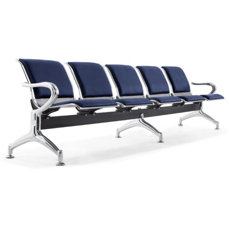 Panca per Sala Attesa 5 Posti da Ufficio con Cuscino in Acciaio e Similpelle Argento/Blu Navy