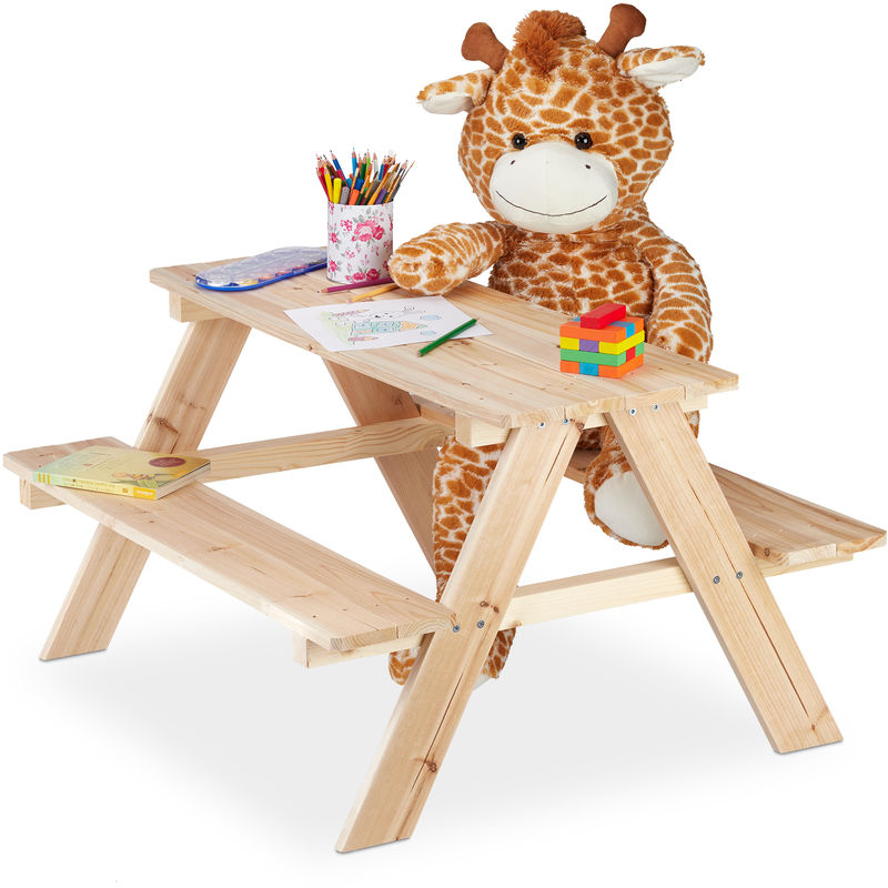 Panca Pic Nic Bambini, Tavolino con Panchine per il Giardino, Esterno, HxLxP: 50 x 90 x 78 cm, Legno, Naturale - Relaxdays