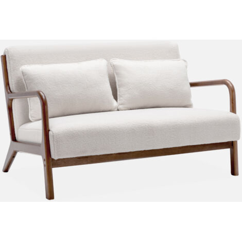 Panca scandinava in legno di hevea tinto noce e bouclé, 2 posti