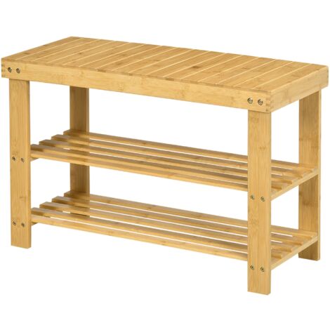 Panca Scarpiera 70x28x45 cm con 2 Ripiani a Doghe e Seduta in Bambù
