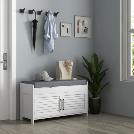 Panca Scarpiera con Ripiano Interno Regolabile su 3 Livelli, Scarpiera Slim in MDF e Tessuto Effetto Lino, 90x36x50 cm, Bianco e Grigio
