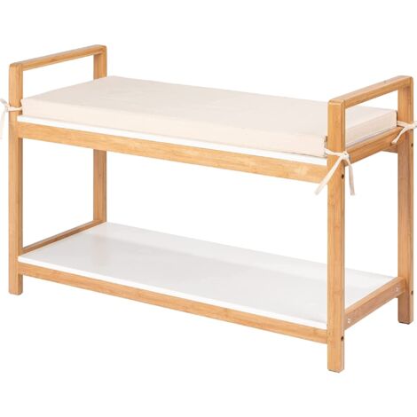 Panca/scarpiera Finja con seduta imbottita, in stile chic scandinavo, scaffale per scarpe con seduta, scarpiera e panca in pregiato bambù ecosostenibile abbinato a MDF, 90 x 55 x 34cm, bianco/naturale