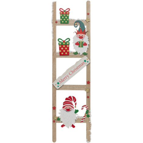 Pancarte Échelle Merry Christmas en bois avec Lutins et Cadeaux H 65 cm - Feeric Christmas