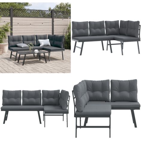 Panche Giardino con Cuscini 2pz Nere Acciaio Verniciato Polvere - Cuscino da seduta - Panca da terrazzo