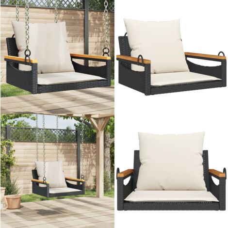 Panchina a Dondolo con Cuscini Nera 63x62x40 cm in Polyrattan - Cuscino per seduta - Rattan pe