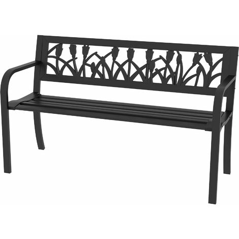 Panchina da Giardino  2 Posti  con Schienale Decorato e Braccioli 125x50x75 cm in Acciaio Nero