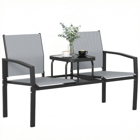Panchina da giardino a 2 posti con schienale e braccioli, tavolo in vetro a 2 livelli, portata 240 kg, 135 x 67 x 81 cm, grigia.