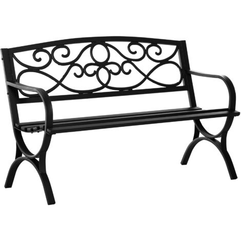 Panchina da giardino a 2 posti, divanetto da esterno, terrazzo/patio, schienale inclinato, seduta a doghe, comodi braccioli, struttura in acciaio fuso, 128 x 58,5 x 85 cm, nera