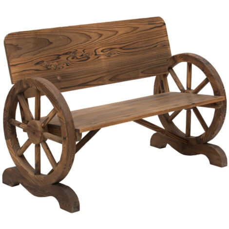 Panchina da giardino a 2 posti in legno massello con braccioli, design a ruota di carro, arredo da giardino, portata 250 kg, panchina rustica, 114 x 58 x 80 cm, marrone