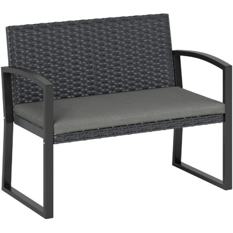 Panchina da giardino a 2 posti, panchina da esterno in resina PE intrecciata con cuscino, acciaio zincato, 103x58x78 cm, grigio e nero