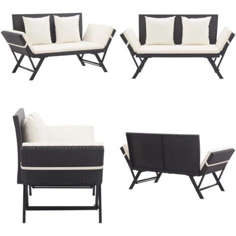Panchina da Giardino con Cuscini 176 cm Nera in Polyrattan - Lettino sdraio - Cuscino sdraio