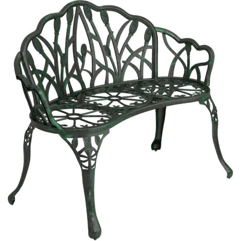 Panchina da giardino in alluminio pressofuso, panchina da esterno a 2 posti con schienale a tulipano, seduta floreale, 99x57x78 cm, verde anticato