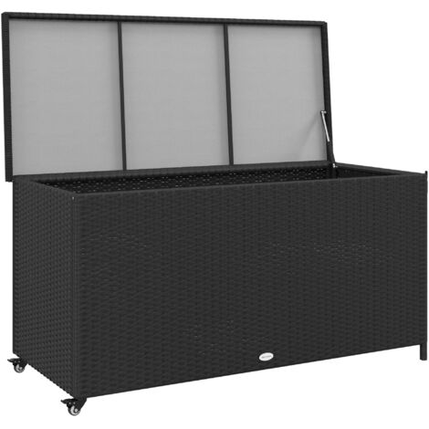Panchina da giardino in rattan sintetico PE, tavolino da esterno con ruote, pistone pneumatico e maniglia laterale, 121x57x67 cm, nero.