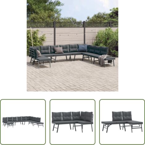 Panchine da giardino -  Set Panche Giardino Cuscini 7pz Nere Acciaio Verniciato Polvere