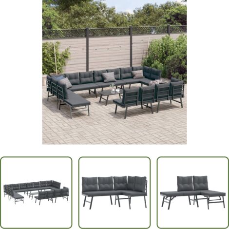 Panchine da giardino -  Set Panche Giardino Cuscini 9pz Nere Acciaio Verniciato Polvere