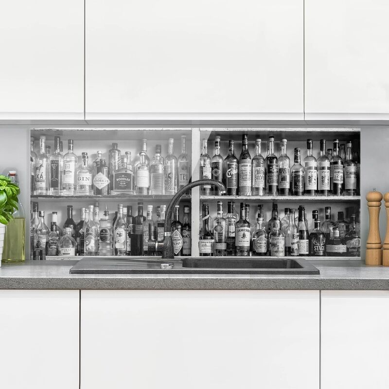 

Panel antisalpicaduras de cristal - Bar Black White - Panorámico Dimensión LxA: 50cm x 125cm
