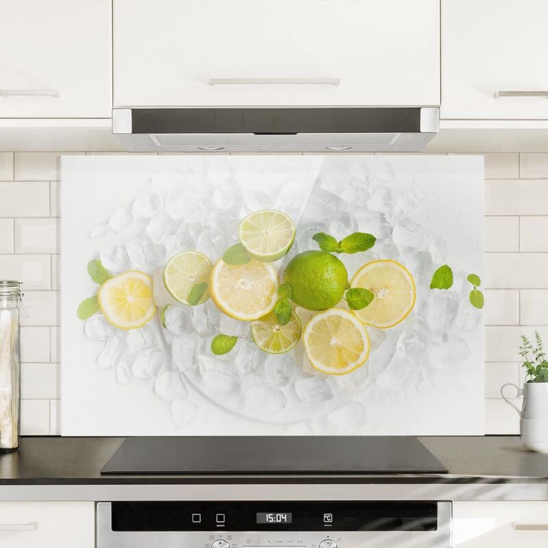 

Panel antisalpicaduras de cristal - Citrus Fruits On Ice - Horizontal 2:3 Dimensión LxA: 59cm x 90cm