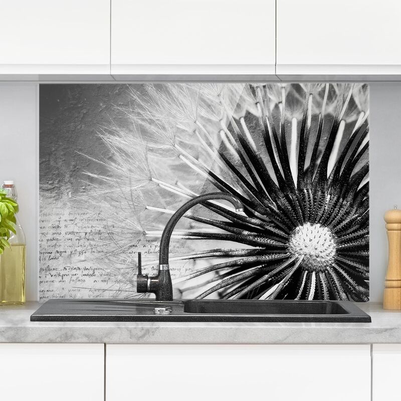 

Panel antisalpicaduras de cristal - Dandelion Black & White - Horizontal 2:3 Dimensión LxA: 40cm x 60cm