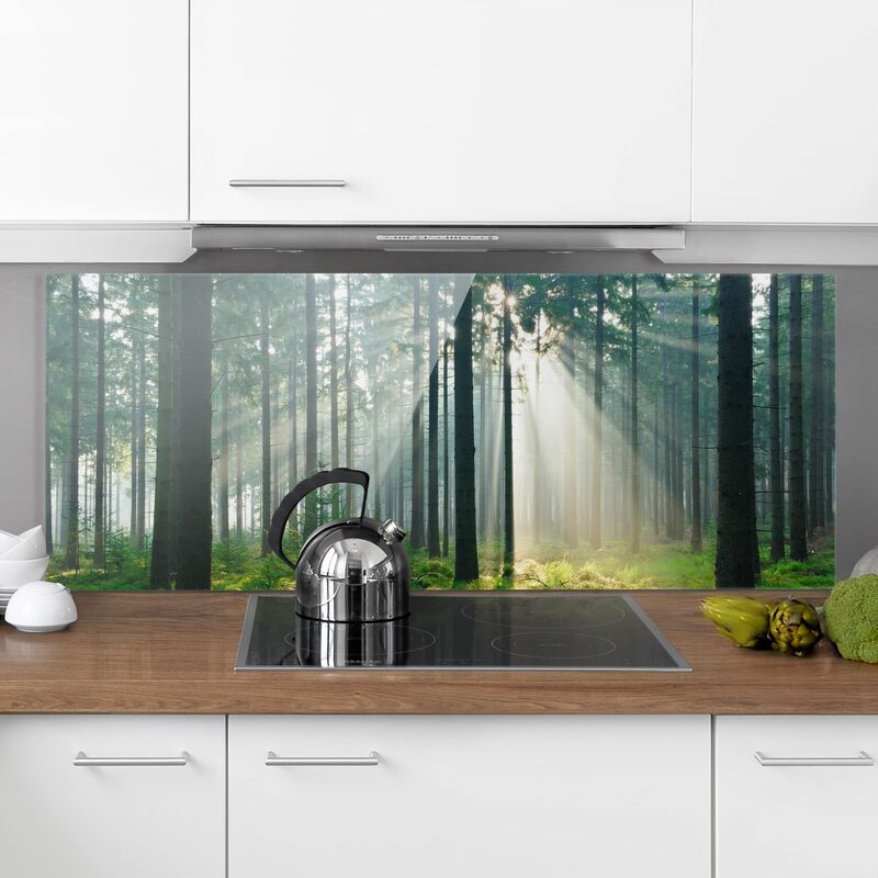 

Panel antisalpicaduras de cristal - Enlightened Forest - Panorámico Dimensión LxA: 50cm x 125cm