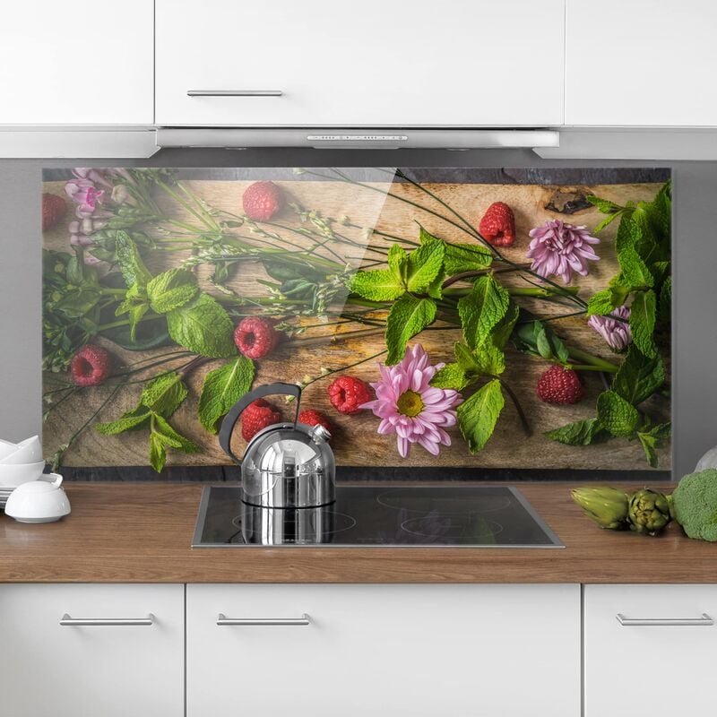 

Panel antisalpicaduras de cristal - Flowers Raspberry Mint - Horizontal 1:2 Dimensión LxA: 59cm x 120cm