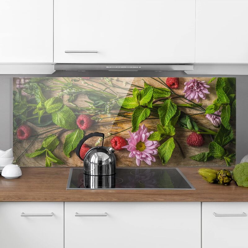 

Panel antisalpicaduras de cristal - Flowers Raspberry Mint - Panorámico Dimensión LxA: 40cm x 100cm