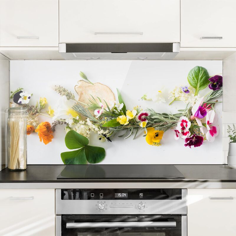 

Panel antisalpicaduras de cristal - Fresh Herbs With Edible Flowers - Horizontal 1:2 Dimensión LxA: 59cm x 120cm