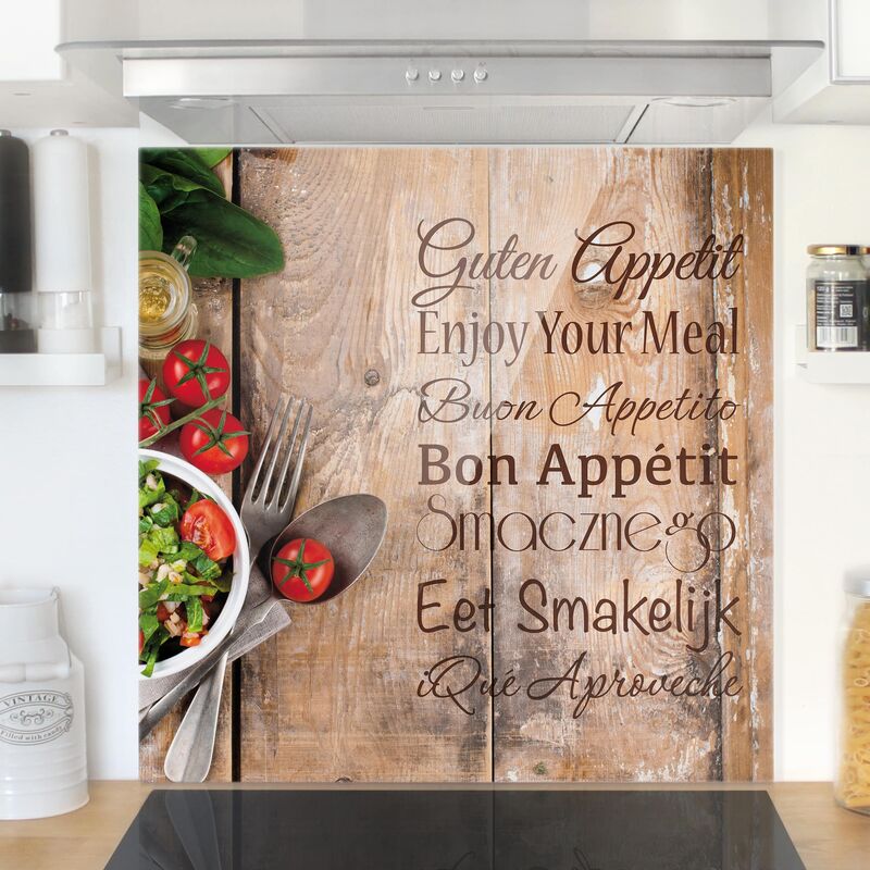 

Panel antisalpicaduras de cristal - Good Appetite - Cuadrado 1:1 Dimensión LxA: 59cm x 60cm