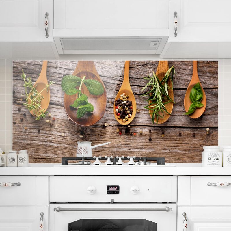 

Panel antisalpicaduras de cristal - Herbs And Spices - Horizontal 1:2 Dimensión LxA: 40cm x 80cm