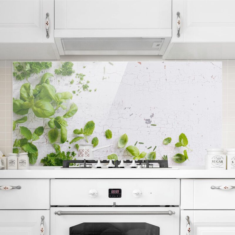 

Panel antisalpicaduras de cristal - Herbs On Wooden Shabby - Horizontal 1:2 Dimensión LxA: 40cm x 80cm
