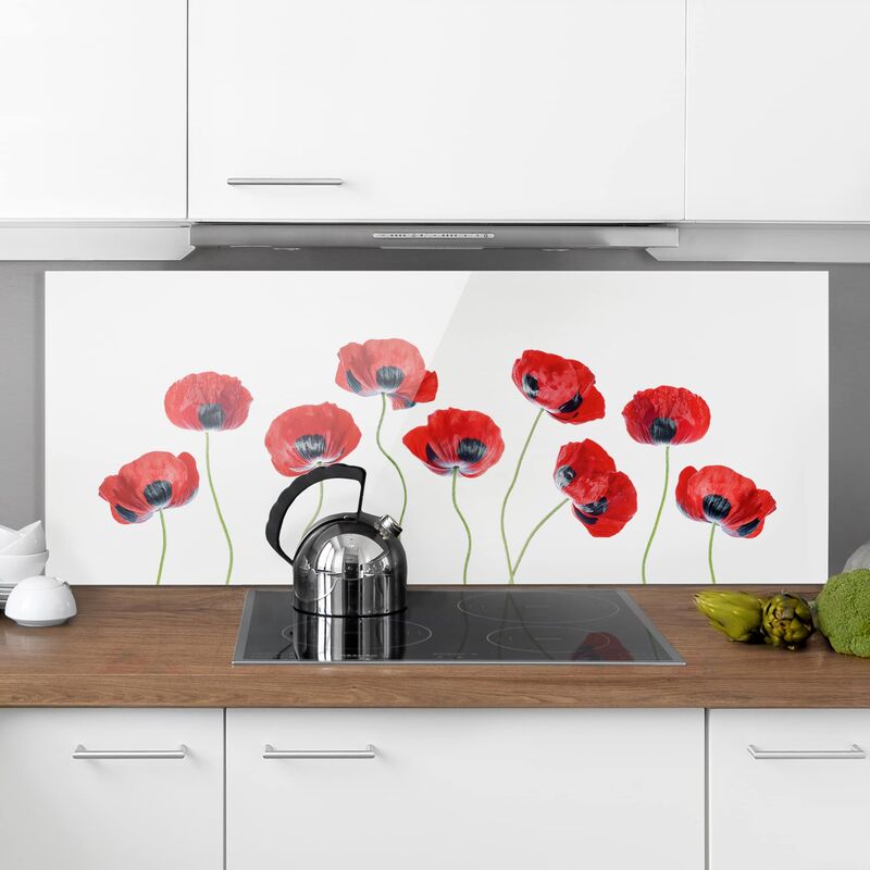 

Panel antisalpicaduras de cristal - Ladybug Poppies - Panorámico Dimensión LxA: 40cm x 100cm
