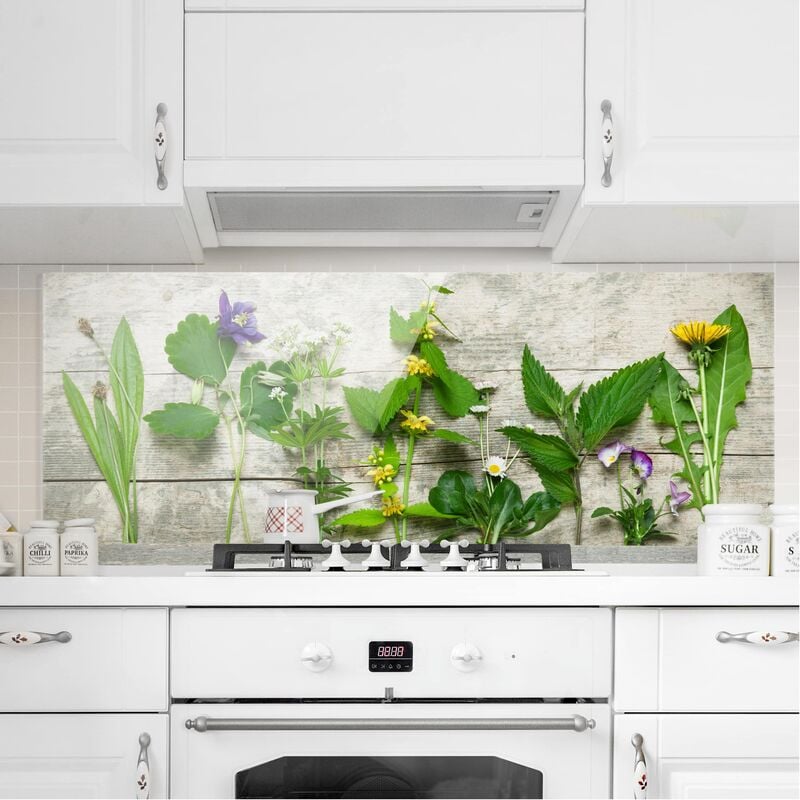 

Panel antisalpicaduras de cristal - Medicinal And Wild Herbs - Panorámico Dimensión LxA: 50cm x 125cm